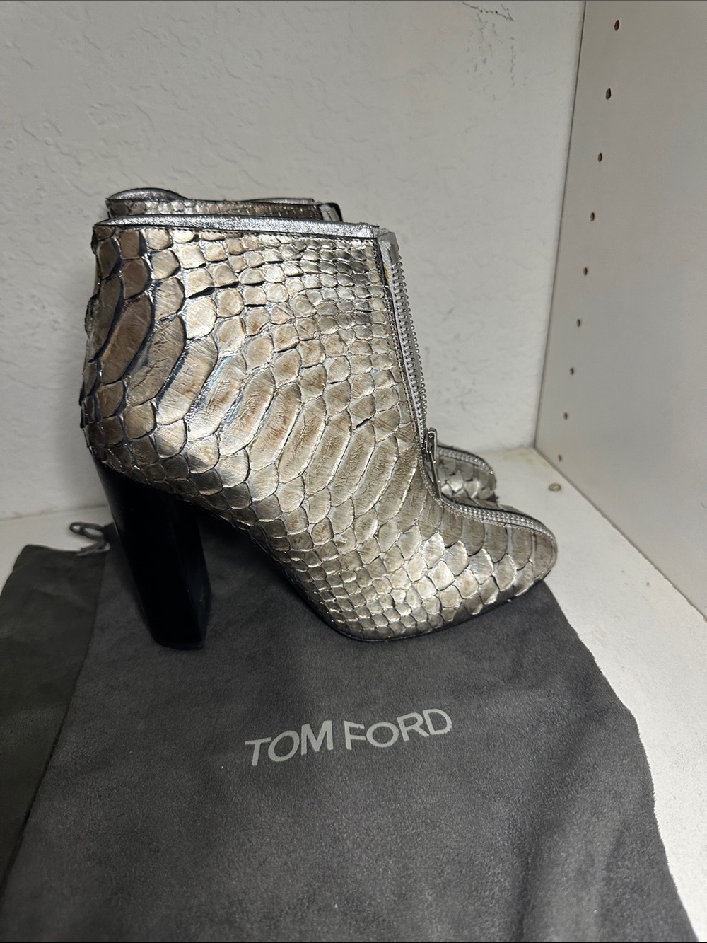 Tom Ford Silver Snake-Embossed Leather Ankle Booties
